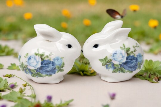 Ceramic Victorian Easter Bunny Salt And Pepper Shakers, Spring Ceramic Victorian Easter Bunny Salt And Pepper Shakers, Spring